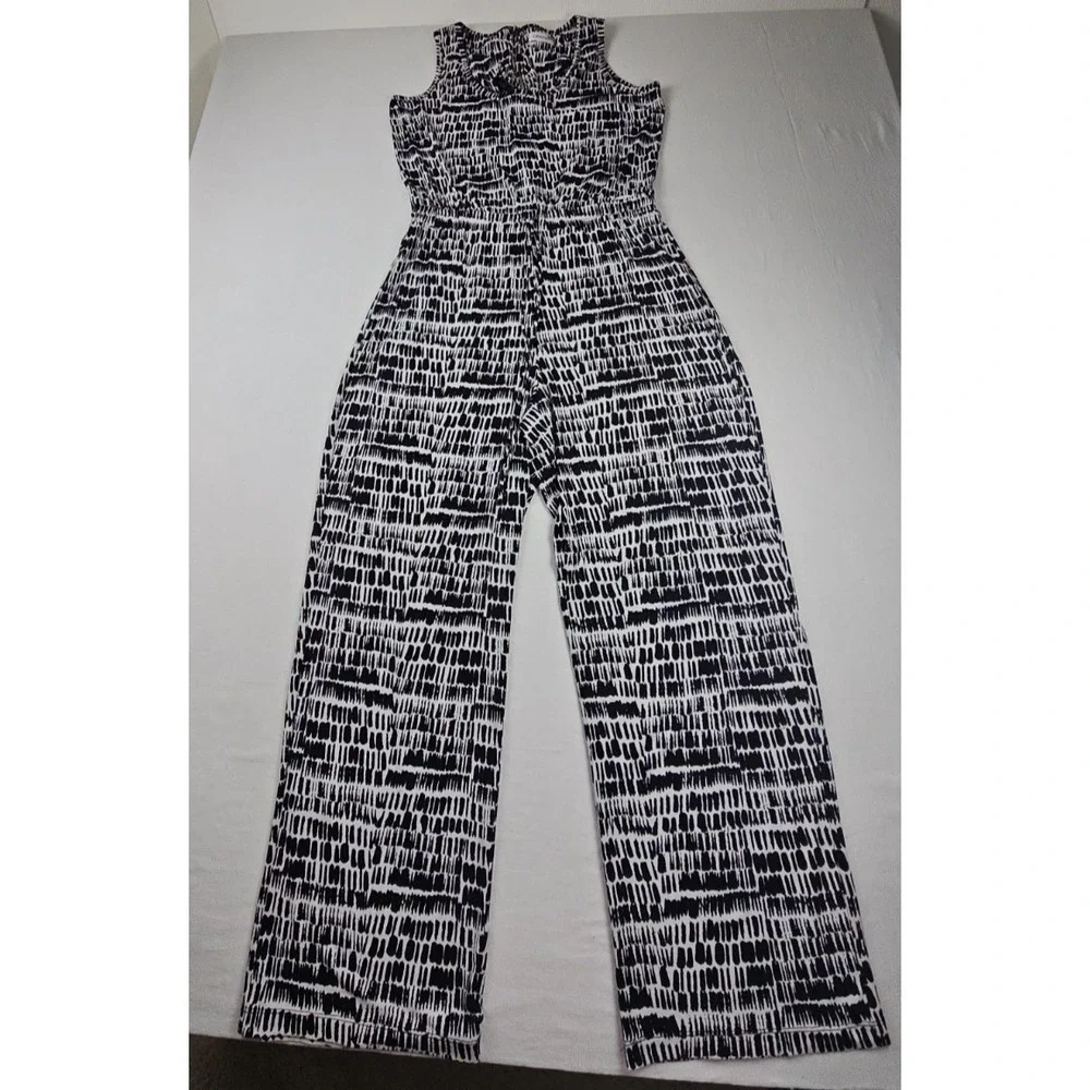 Calvin Klein Jumpsuit Women Size 12 Black & White Print Elastic Waist Drawstring